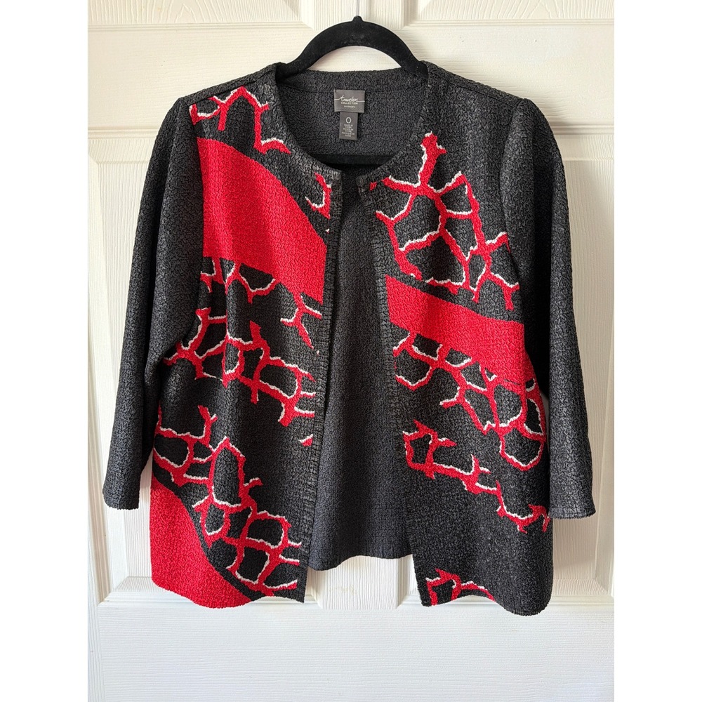 Chico's Travelers Jacket Size Small Black Red Abstract Crinkle Art to Wear